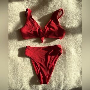 Frankie’s Bikinis Red Ribbed Set: Top M + High Waisted Bottoms XS